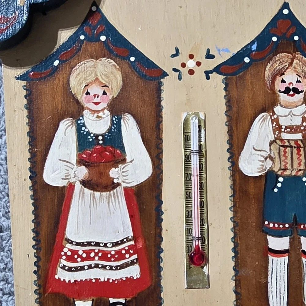 Vintage Folk Art Thermometer Wooden Hand Painted Decor 80s Hanging